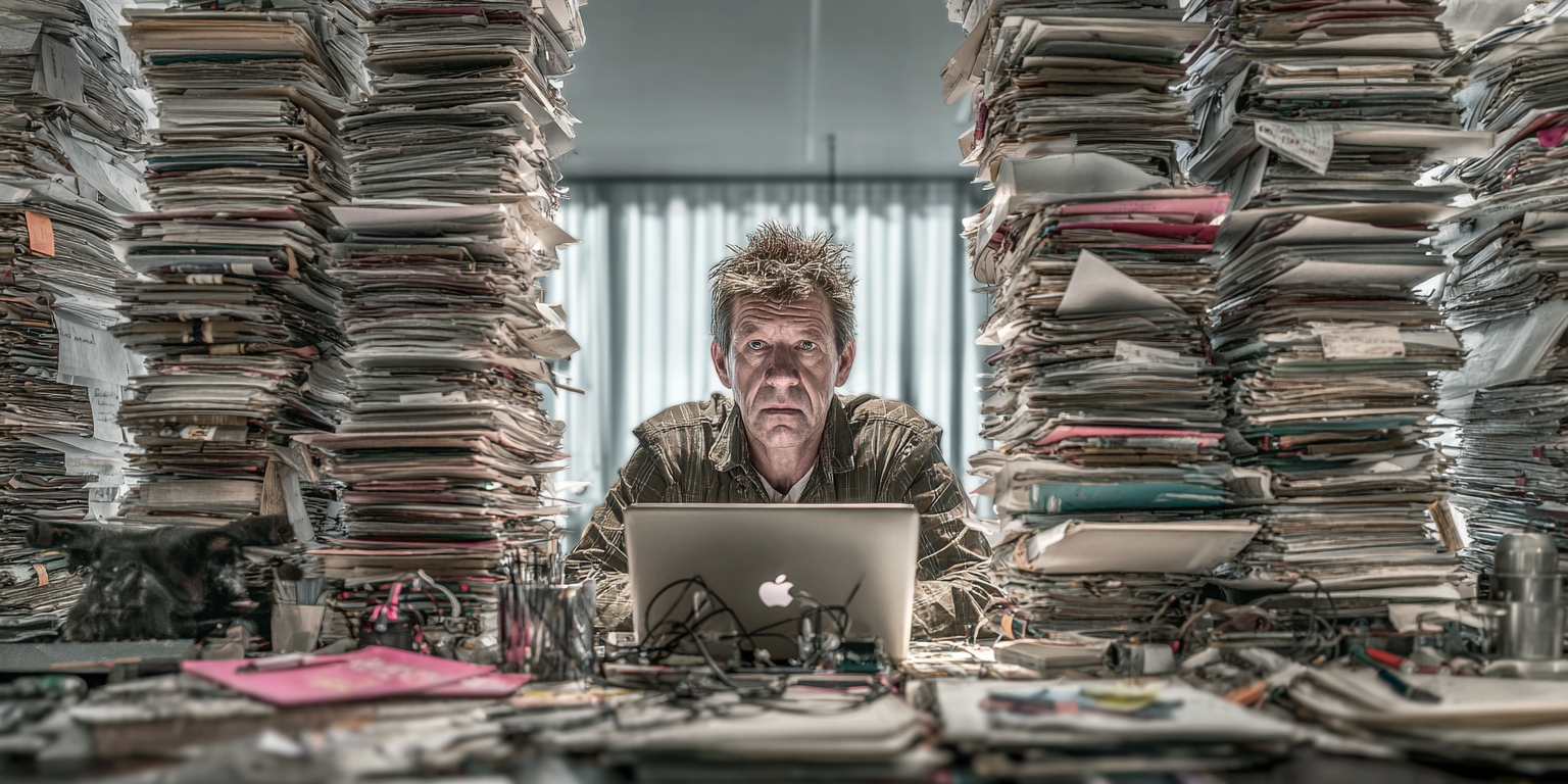 Film producer overwhelmed by stacks of scripts