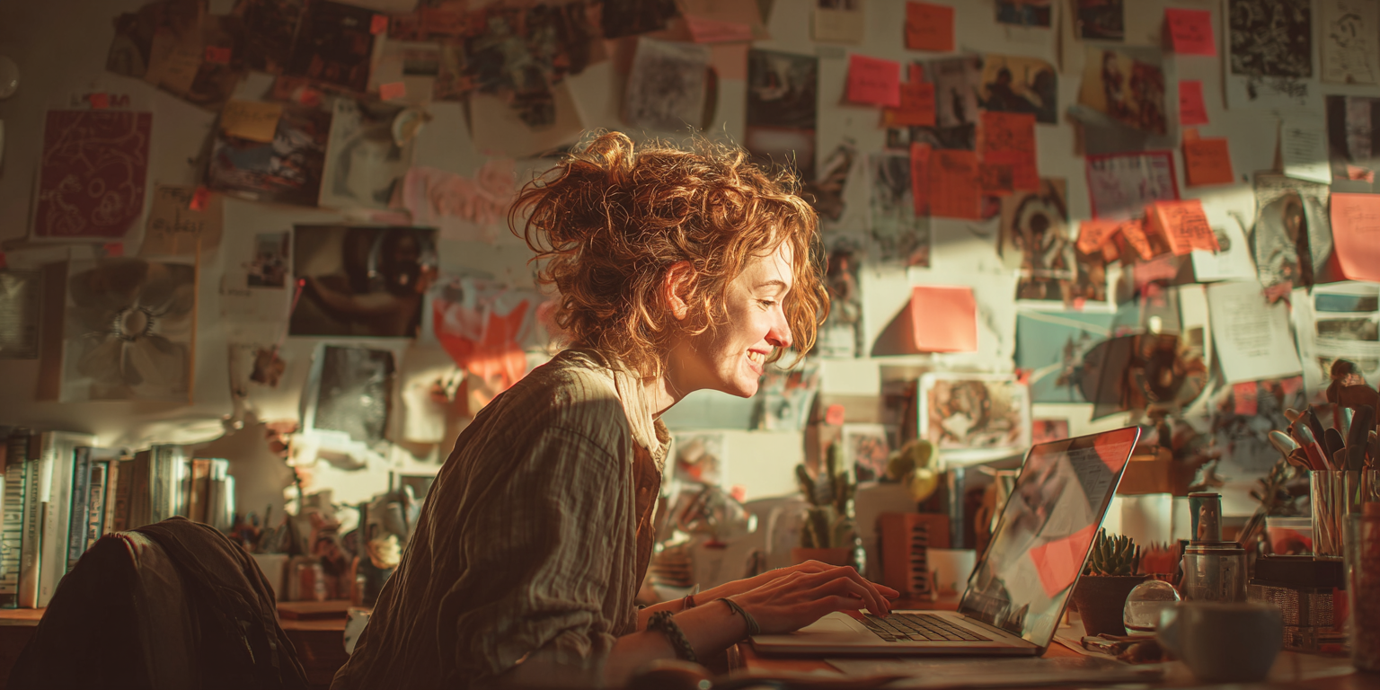 Happy writer working productively at desk