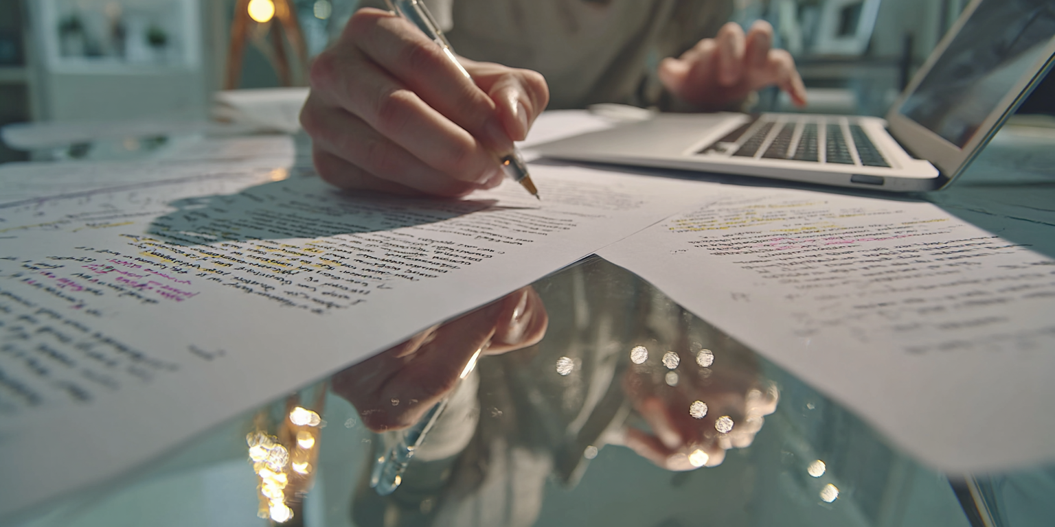 Close-up of detailed script notes and feedback